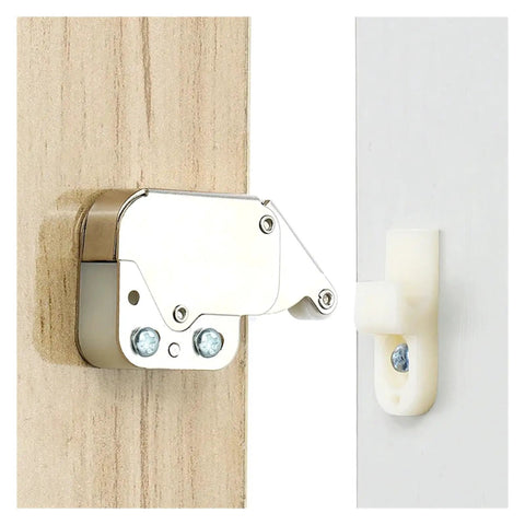 Cool Push To Open Touch Latches Make Handleless Cupboards A Breeze with spring catch mechanism on wood and white cabinet.
