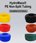 HydroMaxx PE non-split tubing available in six colors, featuring red, yellow, blue, green, orange, and black loops