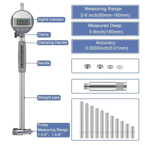 Digital Dial Indicator Bore Gauge 2 To 6 Inch Range With 0.01 mm 0.0003 Inch Precision, Deep Bore Measurement Up To 5.9 Inches, Carbide Anvils