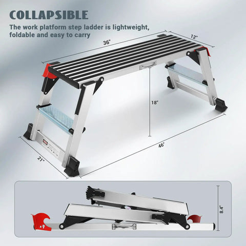 Aluminum Work Platform Step Ladder 36 Inch By 12 Inch By 18 Inch Non Slip Foldable With Rust Resistant Build Red Safety Steel Locks Durable Pro Grade Gear For Home Garage And Job Sites, folded side view