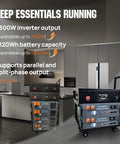 Beefy Stackable Power Station With Solar Inverter in kitchen setting, highlighting 10240Wh capacity and 7000W output.