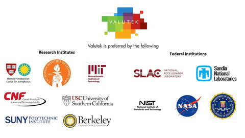 Valutek logo and partners, featuring institutions like MIT and NASA, showcasing preferred research and federal partnerships.