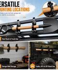 Six Pack Shovel Mounts for Truck Bed and Roof Rack Heavy Duty Tool Holder Kit with metal brackets securing shovel and axe
