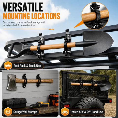 Six Pack Shovel Mounts for Truck Bed and Roof Rack Heavy Duty Tool Holder Kit with metal brackets securing shovel and axe