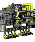 Heavy Duty Wall Mounted Tool Organizer With Eight Cordless Drill Holders, Four Layer Garage Storage Rack, 600 Lb Capacity