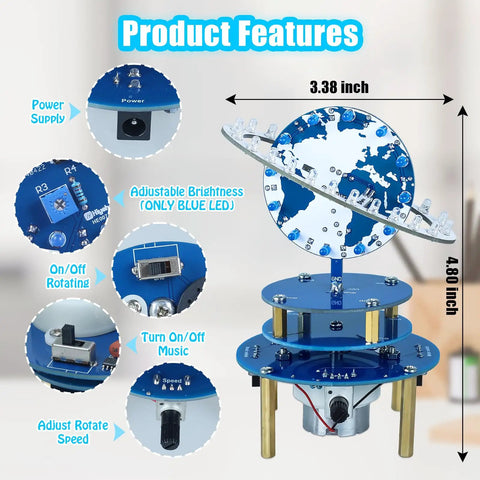 Hands On Soldering Practice Project Kit For DIY Globe And Planetary Motion Rotating Universe Model Electronic Kit With Music And Brightness Adjust For STEM Classroom Teaching Gift featuring product features and dimensions.
