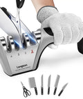 Top Shelf Four Stage Knife Sharpener Kit With Cut Resistant Glove Game Changing Edge Restorer For Quick Daily Kitchen Use And Safer Cutting Work Black Silver Matte Finish Non Slip Base Design in use with scissors.