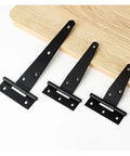 Three sizes of beefy heavy duty black iron T hinge with screws for outdoor fencing and barn doors, rustproof gate hardware.