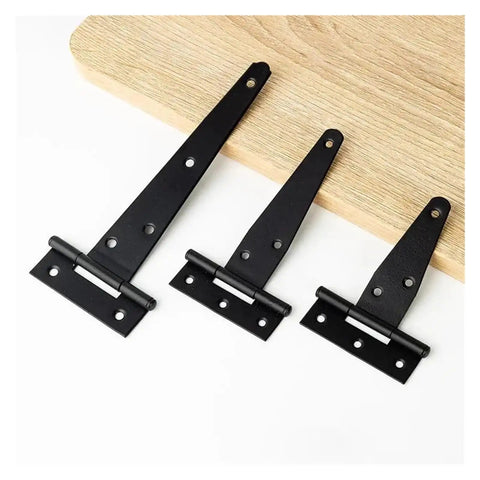 Three sizes of beefy heavy duty black iron T hinge with screws for outdoor fencing and barn doors, rustproof gate hardware.