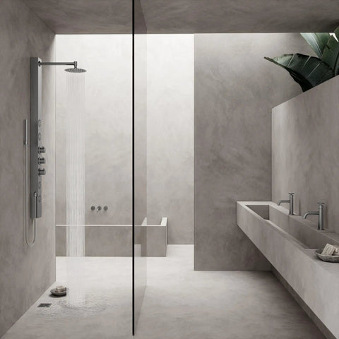 Modern Square Shower Drain With Brushed Nickel Finish No Fuss Install Rust Resistant Grid Cover Streamlined Design visible in minimalist bathroom.