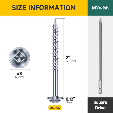 100 Piece Pocket Hole Screw Set 2 Inch Size Eight Washer Head Square Drive Self Tapping Zinc Plated With 150 Millimeter Pocket Hole Drill Bit For Quick Strong Wood Joints And DIY Builds shown with size details