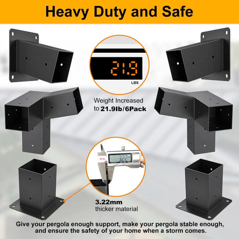 Fifteen Degree Slanted Roof Wall Mount 4 By 4 Pergola Bracket Kit, six-piece, black metal, heavy-duty, for outdoor structures.
