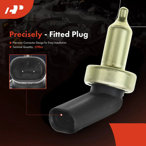 A-Premium coolant temperature sensor with 2-pin plug; side view showing metal stem and black connector for Mini Cooper