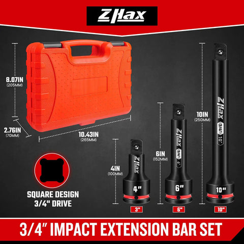 Three Quarter Inch Drive Impact Extension Bar Set With 4 Inch 6 Inch And 10 Inch Lengths, CR-MO Steel Socket Extensions For Auto And Industrial Repair, Durable Embossed Size Markings For Quick Reading And Easy Use. 3/4" drive, 4" 6" 10" bars in case