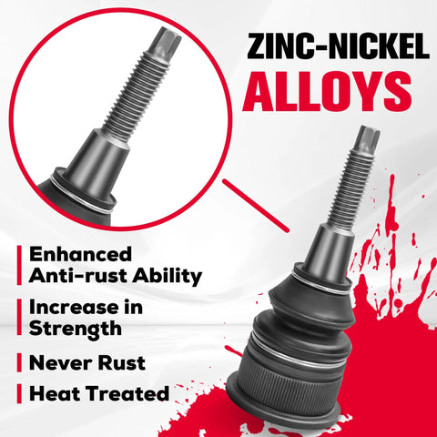 Chevy Silverado 1500 and GMC Sierra 1500 Front Upper Control Arms Adjustable Two To Four Inch UCA With Three Ball Joints And Rubber Bushings For 2019 Through 2026 Beefed Up Lifted Trucks zinc-nickel alloy ball joint close-up