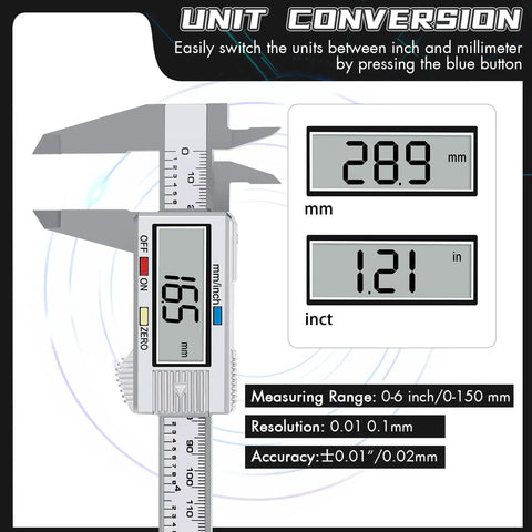 Go-To Digital Caliper With LCD Display 0 To 6 Inch Range Inch To Millimeter Conversion auto shutoff shown in close-up