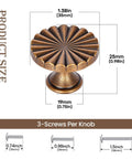 Eight Pack 1.4 Inch Antique Brass Cabinet Knobs With Three Mounting Screw Sizes, Vintage Dresser Drawer Pulls Detail View