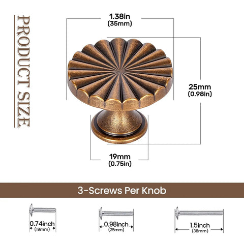 Eight Pack 1.4 Inch Antique Brass Cabinet Knobs With Three Mounting Screw Sizes, Vintage Dresser Drawer Pulls Detail View