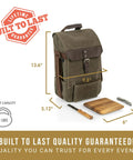 Straight Up Insulated Wine Bag With Matching Cheese Board And Sharp Corkscrew Opener Waxed Canvas Cooler Tote For Two Bottles Pocketed Grab And Go Hauler For Weekend Kickbacks In Khaki Green with dimensions and accessories.