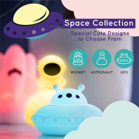 Animal Night Light For Kids With Rechargeable Silicone And ABS Nursery Glow In 8 Calming Colors featuring space-themed designs