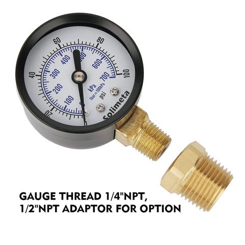 2 Inch Well Pump Pressure Gauge for Water Systems 0 to 100 Psi with Quarter Inch Lower Mount and Half Inch NPT Adapter