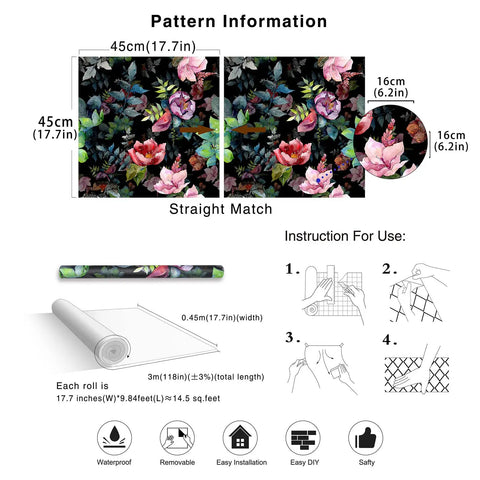 Wild Spring Peel And Stick Wallpaper Bouquet Botanical Floral Black Green Pink Removable Easy Install No Mess Durable Washable