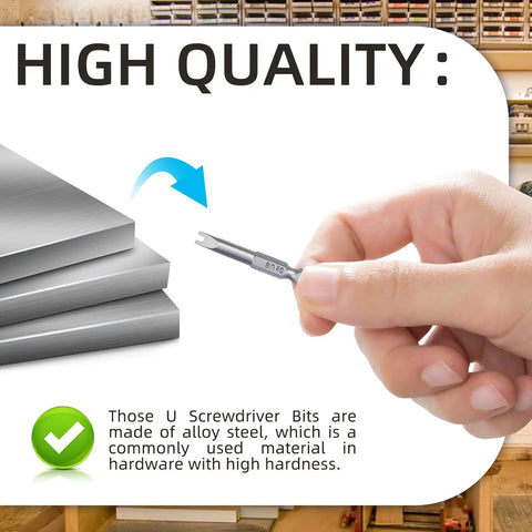 Straight Up Killer S2 Steel Spanner Screwdriver Bit Set 10 Piece Includes U4 U5 U6 U7 U8 Sizes With Hard As Nails Quarter Inch Hex Shank Built Heavy Duty with U-shaped bit in hand