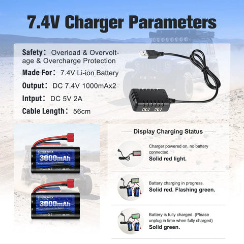 7.4V Li-ion battery charging parameters for WLtoys RC cars with Dean T plug and status indicators