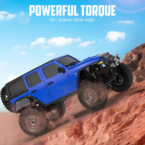RCS24 1/24 Off Road RC Truck 4x4 Crawler With Bright Headlights Waterproof RTR Blue climbing rocky terrain