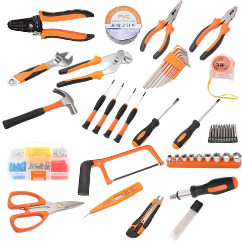 102 Piece Home Repair Tool Kit For DIYers And Homeowners With Case All In One Basic Hand Tools Set For Home Maintenance Quick Setup Ready To Use Out Of The Box, featuring various orange and black tools including pliers, screwdrivers, and wrenches.
