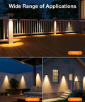 8 Pack Solar Fence Lights With Warm White LED Spot Lens installed on deck railing and house wall for outdoor lighting