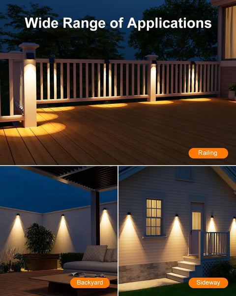 8 Pack Solar Fence Lights With Warm White LED Spot Lens installed on deck railing and house wall for outdoor lighting