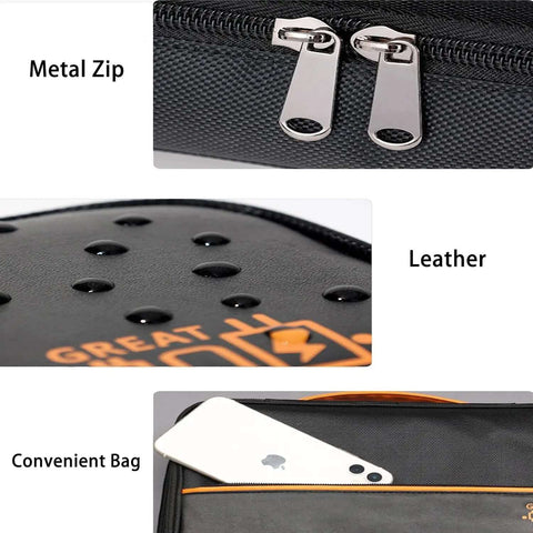 Close-up of Heavy Duty Badass Electronics Organizer Bag For Travel Cables Chargers Power Bank Cell Phone Gear Hauler with metal zipper and leather exterior.