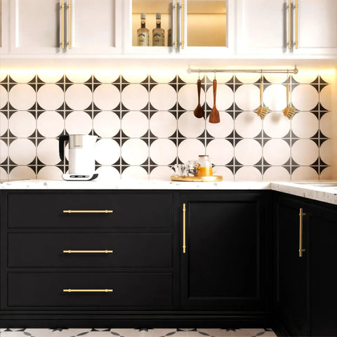 Ten Inch Champagne Bronze Cabinet Pulls Pack Of 10 Sleek Kitchen Cabinet Handles on black drawers in modern kitchen
