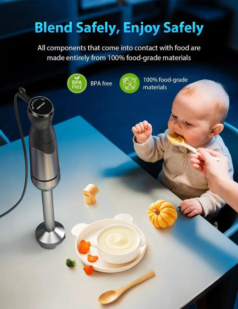 1000W Corded Handheld Immersion Blender With Twenty Five Speed Settings And Stainless Steel Blades near baby feeding puree.