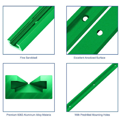 Heavy Duty Green T Tracks For Woodworking Workshop Benches Premium 6063 Aluminum Fence Rails With Included Mounting Screws 36 Inch showing fine sandblast finish.
