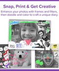 Kids Instant Print Camera Insta 20 Hybrid Digital And Instant Photo Printer For Ages 4 To 12, 7 Second Inkless Printing, Selfie Frames, Easy Controls, Creative Frames, Great Birthday Gift showing printed photo frames and doodles