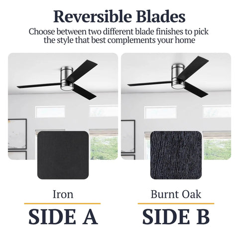 Espy Ceiling Fan With 52 Inch Blade Span In Gun Metal showing reversible blades in Iron and Burnt Oak finishes, modern design.