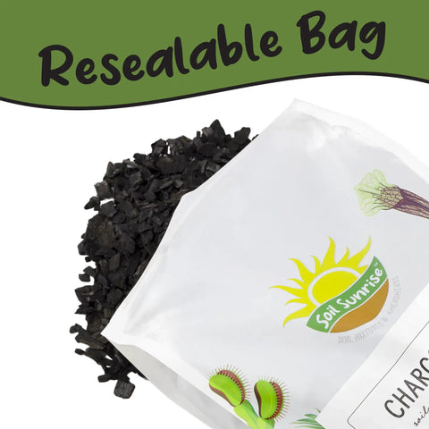 Resealable bag of Hardwood Charcoal Soil Additive for Indoor Plants 2 Quarts, enhancing drainage and purifying air.