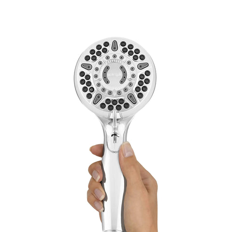 High Pressure 2 In 1 Shower Head System With Handheld Spray And 5 Foot Hose, close-up of handheld unit, chrome finish