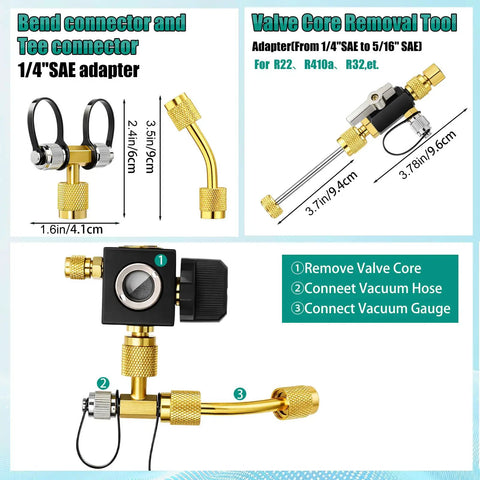 Digital Manifold HVAC Gauge Kit With Four Piece Pro Grade For Quick Pressure Readouts And Refrigerant Charging Vacuum Test Micrometer Accuracy Quarter Inch To Five Sixteenth Inch Port Accessories Valve Core Remover And Installer SAE And T Connector, brass adapters