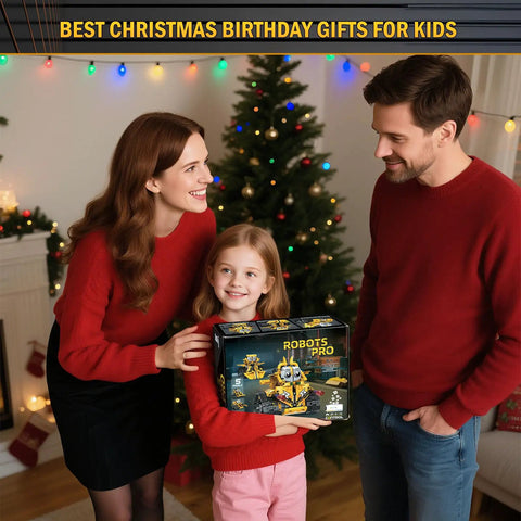 5 In 1 STEM Robot Kit For Kids Ages 8 To 16 With App And Remote Control held by smiling family in front of Christmas tree