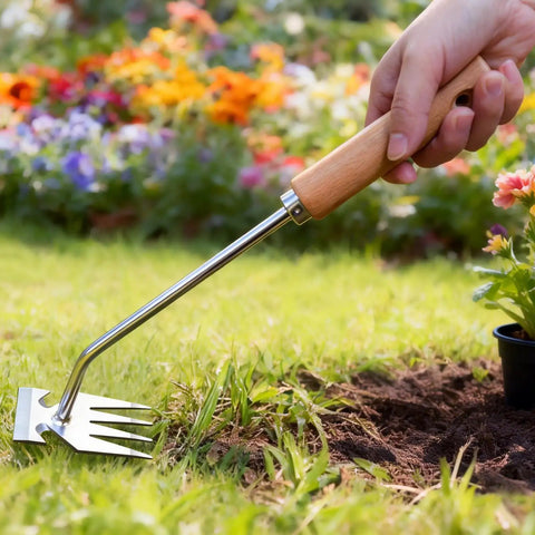 Hand using a Four Tine Stainless Steel Weed Puller Tool With Solid Wood Handle in garden, focusing on tool in action.