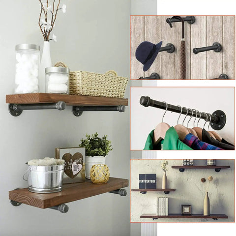 Hella Sturdy Half Inch Industrial Black Iron Pipe Shelf Brackets Legit Rustic Wall Mounted Heavy Duty Decor Hardware for DIY shelves
