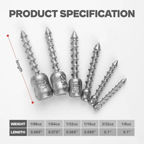 Six hard alloy screw nail weights set for bass fishing die cast sinker assortment, showing sizes 1/96 to 1/8 oz for Neko rig application.