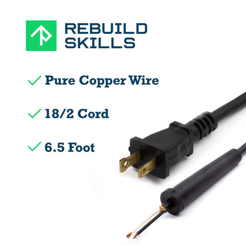 Heavy Duty Tool Replacement Power Cord SJT 18 Gauge Two Wire Six And A Half Feet Two Prong Stripped Ends With Rubber Strain Relief Boot UL Listed SJT Rated NEMA 1 15P Compatible Oil And Chemical Resistant with 18/2 cord and 6.5 foot length, showcasing pure copper wire.