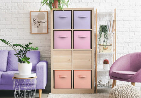 11 Inch Foldable Storage Bins With Handles Set Of 6 In Pastel Orange Purple And Pink for nursery playroom closet organization displayed in a shelf