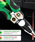 Heavy Duty 8-in-1 Wire Stripper Pliers With Built-In Voltage Tester displaying voltage tester function on wires.