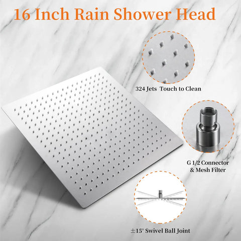 16 Inch Square Rain Shower Head With Ultra Thin Profile High Pressure Waterfall Showerhead In Brushed Nickel 304 Stainless Steel