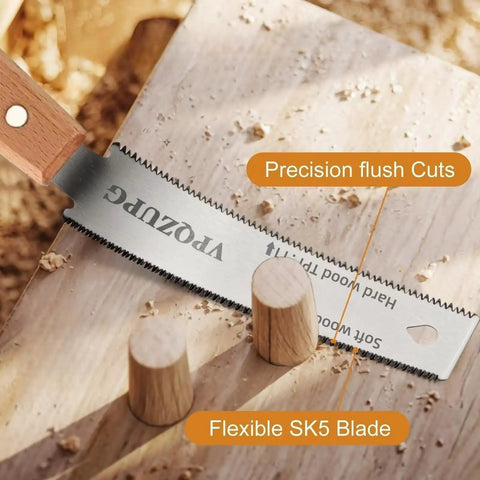 Japanese Pull Saw 6 Inch With Wood Handle, Lightweight Hand Saw For Woodworking, Double-Edged Blade 17 TPI Hard Wood And 11 TPI Soft Wood, SK5 High-Carbon Steel For Precise Easy Cuts. Japanese pull saw making flush cuts in wood